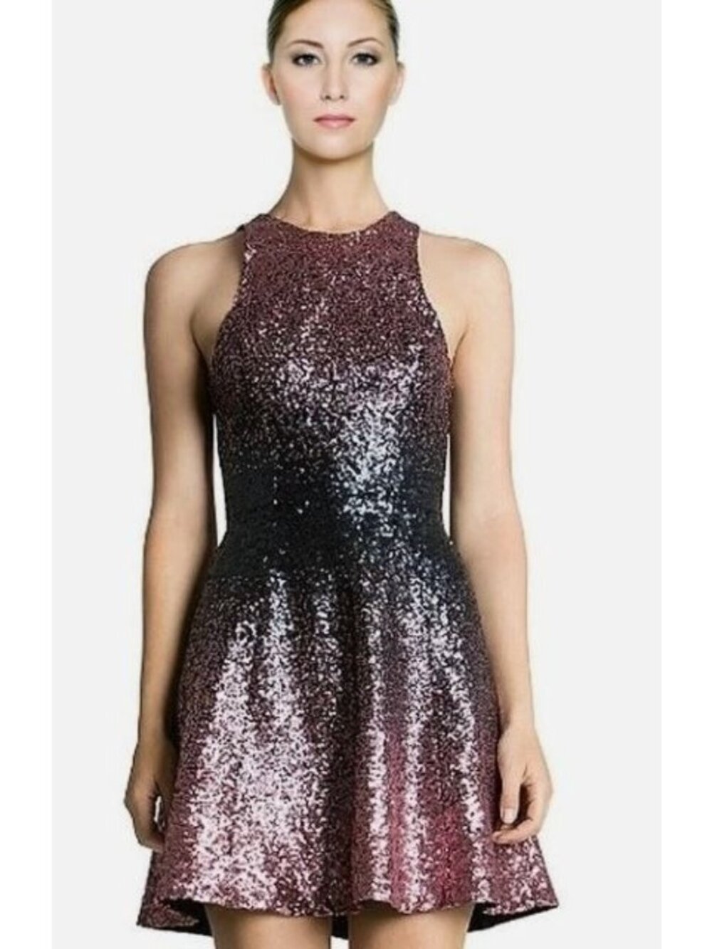 Dress the Population Andi Sequin Ombre Dress Burgundy Black Fit Flare Medium